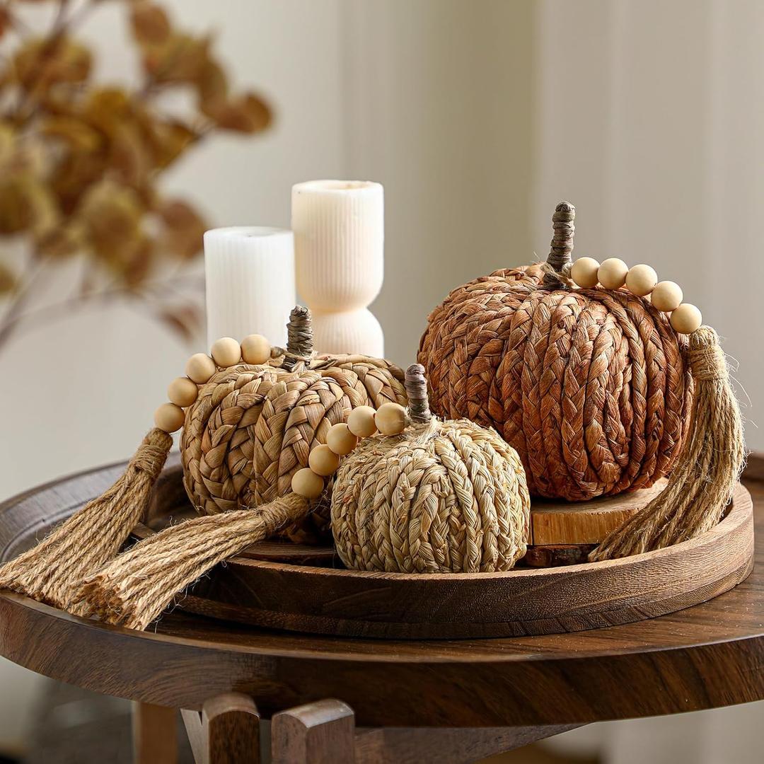 Wesiti 3 Pcs Rattan Pumpkin with Tassel Beads Boho Neutral Fall Thanksgiving Decor Handmade Artificial Woven Pumpkin Table Centerpieces Farmhouse Autumn Decorations for Indoor Mantel Harvest Halloween