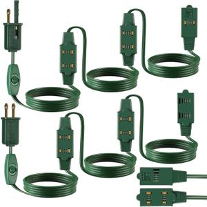 Enhon 2 Pack 15 Ft Extension Cord with 9 Outlets and On/Off Switch, Christmas Tree Light Extension Cord with Safety Fuse Male Plug for Christmas Or Holiday Lights, Xmas Village Lights (Green)