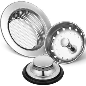 Mudder 3 Pcs Kitchen Sink Drain Strainer and Stopper Stainless Steel Garbage Disposal Plug with Handle Universal Anti-Clogging Kitchen Sink Filter Sieve Basket Strainer (Silver)