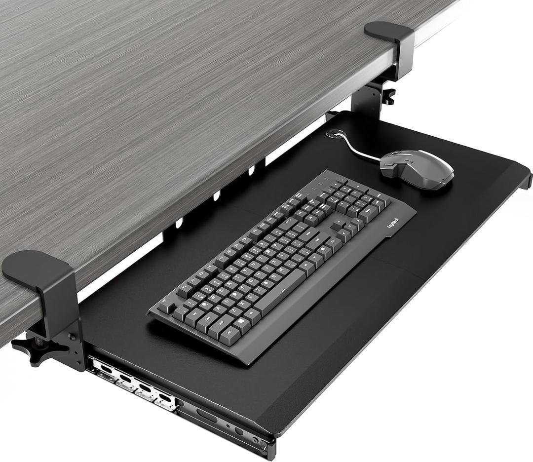 AX WABER Keyboard Tray Under Desk Pull Out with Extra Sturdy Adjustable C Clamp Mount System, 27.3 (32.5 inch Including Clamps) x 11 Inch Slide-Out Platform Computer Drawer for Typing, Black
