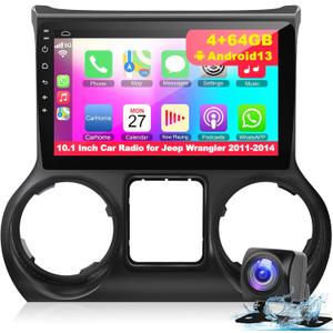 4+64GB Upgraded Car Stereo for Jeep Wrangler 2011 2012 2013 2014, 10.2 Inch Car Radio with Carplay&Android Auto Support GPS Navigation, Backup Camera,FM/RDS Radio, Bluetooth, IPS Touch Screen