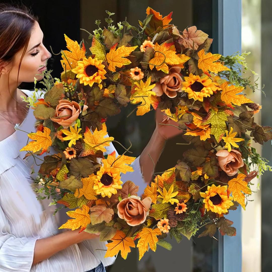 Large Fall Wreath 28 inch Fake Fall Maple Leaves Wreaths with Sunflowers Berries Fall Flower Wreath Decor for Front Door Outside Home Wall Porch Thanksgiving Halloween Party