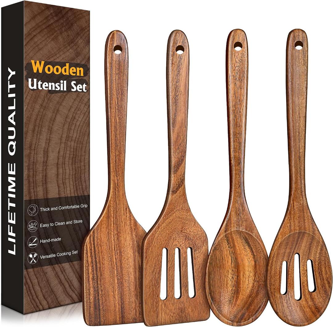 4Pcs Wooden Spatula for Cooking, Acacia Wooden Spatula for Kitchen Use, Nonstick Cookware Safe Utensils Set for Cooking, Mixing, Serving, Draining, Ideal Cooking Utensils Gift