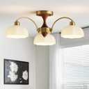 Milk Glass Chandelier Farmhouse Rustic Semi Flush Mount Ceiling Lamp Frosted White Globe Pendant Light Mid Century Modern Wood Grain Chandelier Sputnik Ceiling Lights (3- Light)