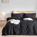 BESTOUCH Duvet Cover Set 100% Washed Cotton Linen Feel Super Soft Comfortable Chic Lightweight 3 PCs Home Bedding Set Solid Deep Black Full/Double