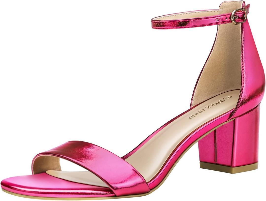 PIZZ ANNU Women's Low Block Chunky Heels Sandals Comfortable Open Toe Ankle Strap Party Dress Pump Shoes Strappy Buckle Heeled Sandal with 2 Inches Tall Thick Heel Design (7.5, Hot Pink Metallic)