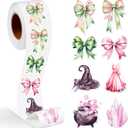 Bows Sticker Roll 500 Pcs Y2k Bows Stickers Pink and Green Party Favor Reward Cute Office Supplies for Witch Birthday Party Supplies