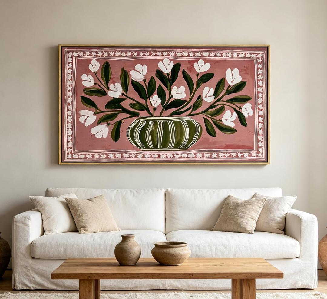 Large Framed Abstract Floral Wall Art, Vintage Muted Blush Flower Canvas, 32"LX16"W