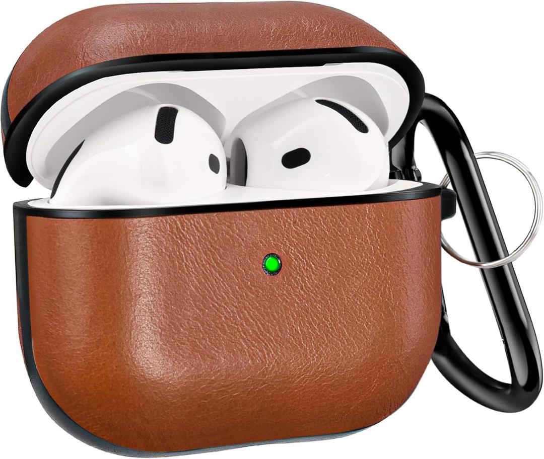 V-MORO Compatible with Airpods 4th Generation Case Genuine Leather Airpod 4 Case Cover(2024)[Front LED Visible] iPods 4 Earbuds Charging case Protective Cover Skin Brown Men