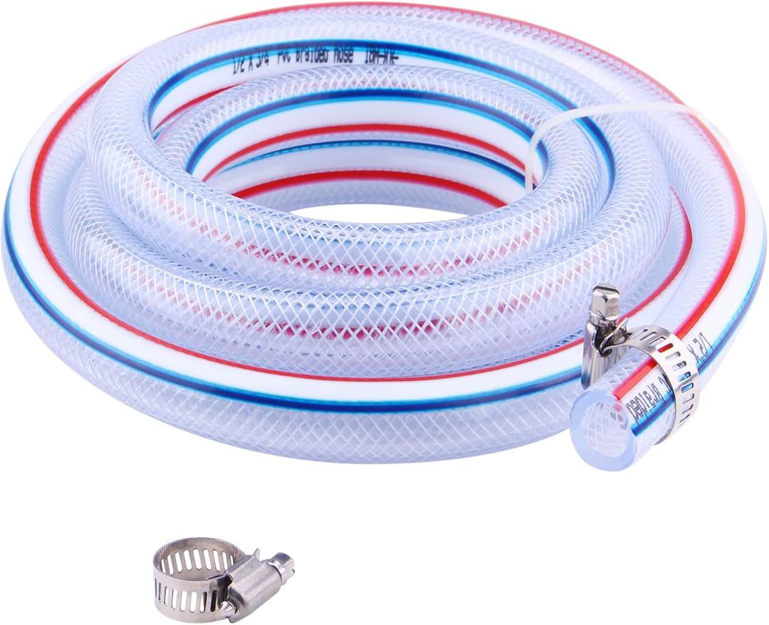 Soft Braided PVC Tubing - 1/2" x 3/4" OD High Pressure Clear Flexible PVC Tube Reinforced Vinyl Hose for Water, Oil with 2pcs Hose Clamps (10Ft)