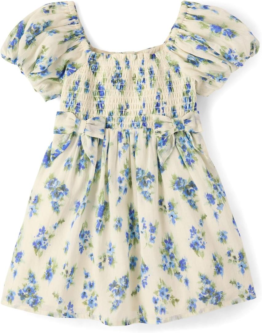 The Children's Place Baby-Girls and Toddler Short Sleeve Casual Dresses (4T, Floral Blue Bows)