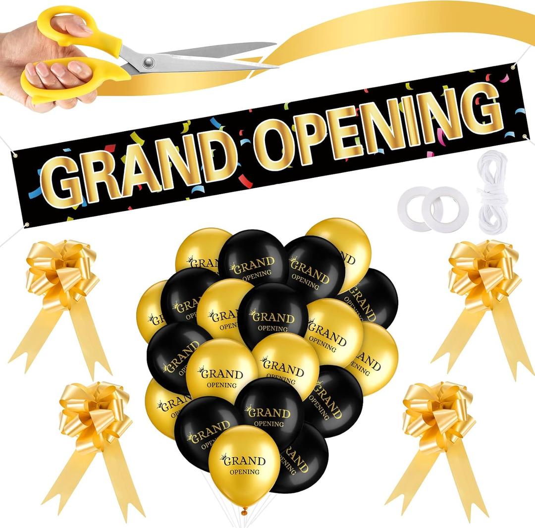 Grand Opening Ribbon Cutting Ceremony Kit Grand Opening Banner Decorations with 10'' Scissors 40 Pcs Balloons Satin Ribbon Bows and More Supplies for Business Events(Black Gold)