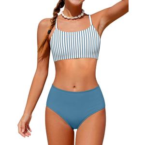 Girls Swimsuit High Waisted Contrast Striped 3 Piece Bathing Suit Bikini with Cover Up 9-16 Years (Blue Stripes)