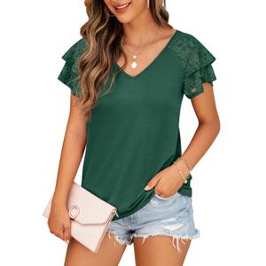 FREEOAK Summer Tops Double Lace Sleeve Shirts for Women V Neck Loose Casual Tee Tunics Dark Green M (M)