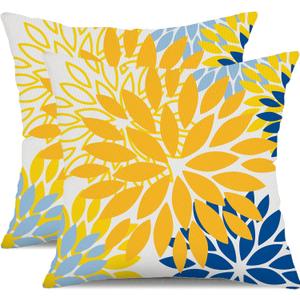 DFXSZ Yellow Blue Flower Pillow Covers 16x16 Inch Set of 2 White Gray Colored Throw Pillows Outdoor Waterproof Decor for Living Room Sofa Patio Funiture Garden Floral Polyester Pillow Covers 002J16