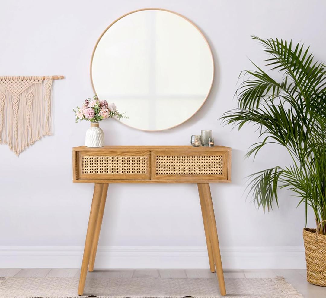 Console Table, Small Vanity Desk, Console Tables for Entryway Entryway Table, Rattan Dresser Entry Table Narrow Console Table Modern Hallway Table, 31" Boho Sofa Table (Rustic Brown)