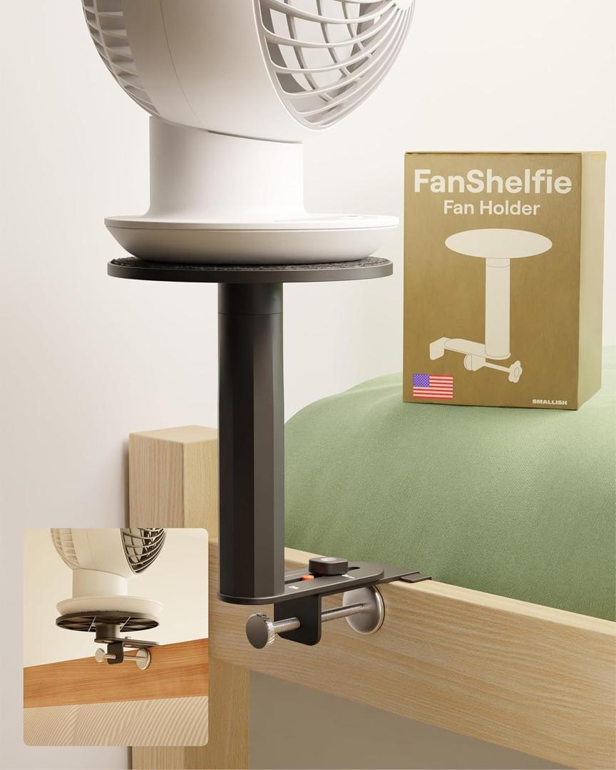 FanShelfie Adjustable Fan Holder for Dorm Room, Bunk & Lofted Bed, College Essentials for Boys & Girls, Patented Height & Distance Design, Compatible with Popular Dorm Fans, 2 Height Options (Black)