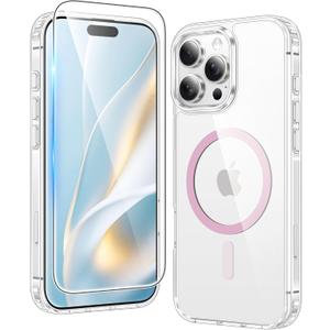 FNTCASE for iPhone 16 Pro Case: Clear Magnetic Phone Cases Compatible with Magsafe Slim Anti Yellowing Military Grade Drop Protection Rugged Shockproof Protective Transparent Cell Cover (C-A Pink)