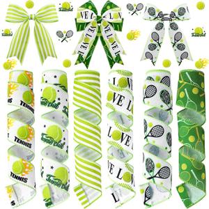 Juexica 6 Rolls 30 Yards Tennis Wired Edge Ribbon Sports Ball Burlap Green White Stripes Ribbons Party Decorative for Bow Sewing Wreath Sport Events DIY Crafts Gift Wrapping Home Decor