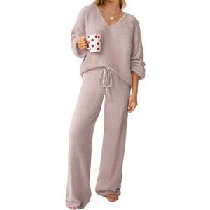 Womens Two Piece Outfits Sweater Sets Fuzzy Fleece Loungewear Matching Lounge Set Fall Winter Trendy Clothes (Large, Light Pink)