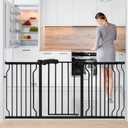 Extra Wide Baby Gate for Stairs Doorways with Door, 30" Tall 57.1-66.5" Wide Easy Install Dog Gate Indoor, Safety Metal Pressure Mounted Pet Gate with Walk-Thru Auto Close for the House, Black