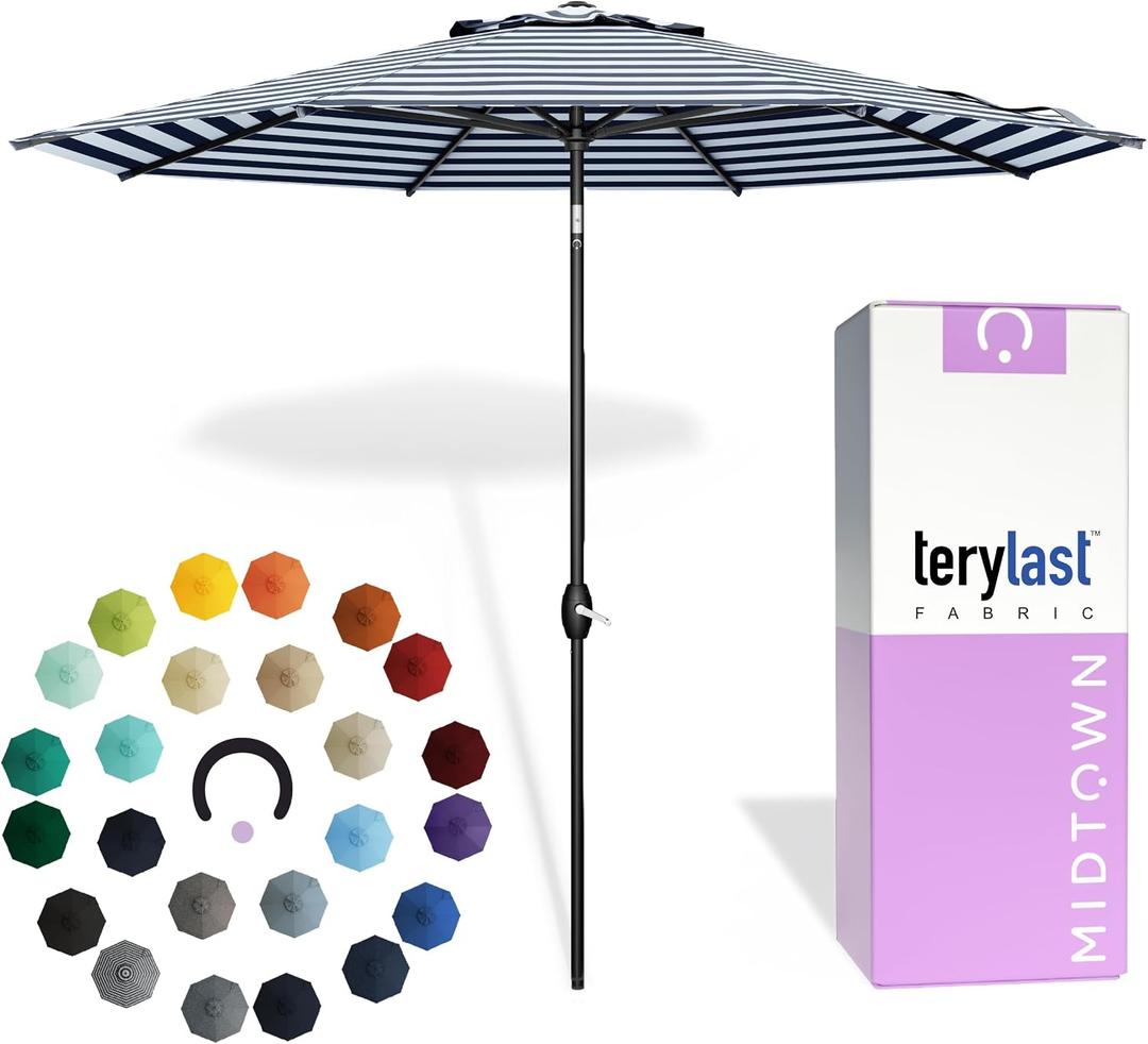 Midtown Umbrellas - 10-Year-No-Fade 6 Ft Patio Umbrella with Terylast Fabric, Auto-Tilt Aluminum Frame and 8 Reinforced Ribs for Deck, Pool, Garden & Beach - Navy/White Stripe Canopy, Black Pole