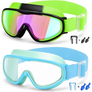 Vvinca Kids Goggles with Comfort Fabric Strap, Kids Swim Goggles Wide View Anti-Fog/UV No Leaking Swimming Goggles for 3-14 (01-green & Blue)