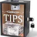 Wooden Tips Jar Tip Collection Box with Lock 6 x 4 x 7 Inch Money Coin Storage Container Donation Collection Suggestion Raffle Cash Box Jar for Restaurants Musicians Bartender Bars Driver