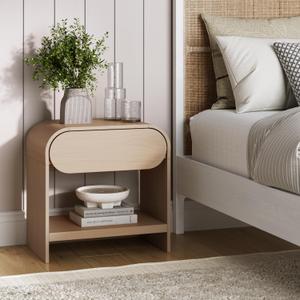 Nathan Jamea Iris Mid-Century Modern Nightstand with Drawer, End Table with Storage for Bedroom or Living Room with Rounded Silhouette, Light Oak, Set of 1