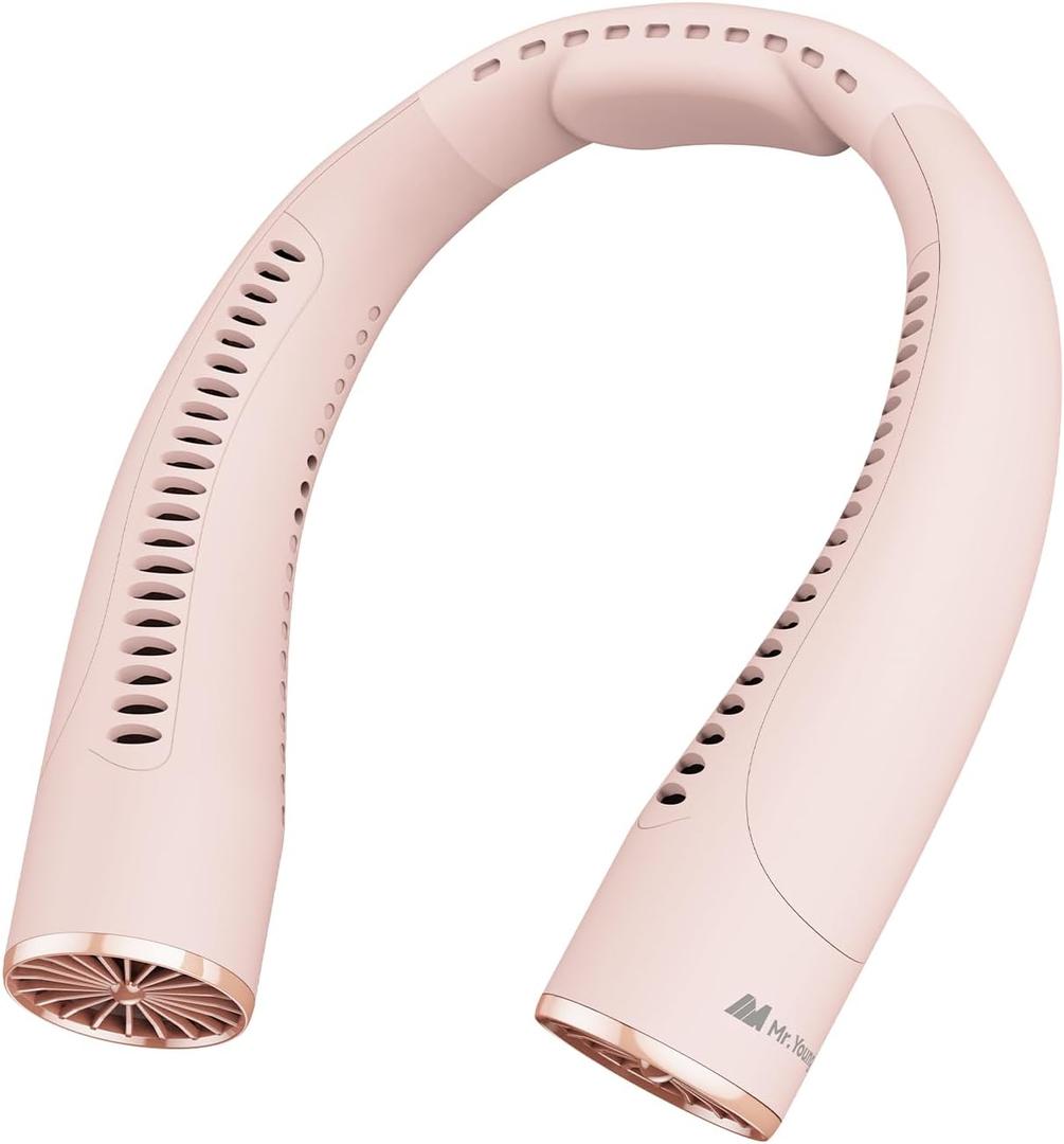 Mr.Young Portable Neck Fan - Ultra-Quiet, 4-Speed Adjustable, Dual Air Outlets, Turbo Design, USB-C Rechargeable, 10+ Hours Battery Life, Liquid Silicone Comfort for Long-time Use (Pink)