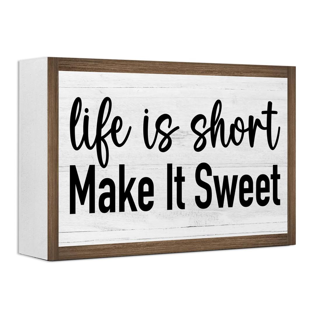 Life is Short Make it Sweet Wooden Box Sign Desk Decor,Rustic Farmhouse Love Sign Wood Block for Home Bedroom Shelf Tabletop Wall Decor