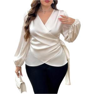 Floerns Women's Plus Size Satin Asymmetrical Wrap Tops Ruched V Neck Long Sleeve Blouses (XX-Large Plus, Apricot)