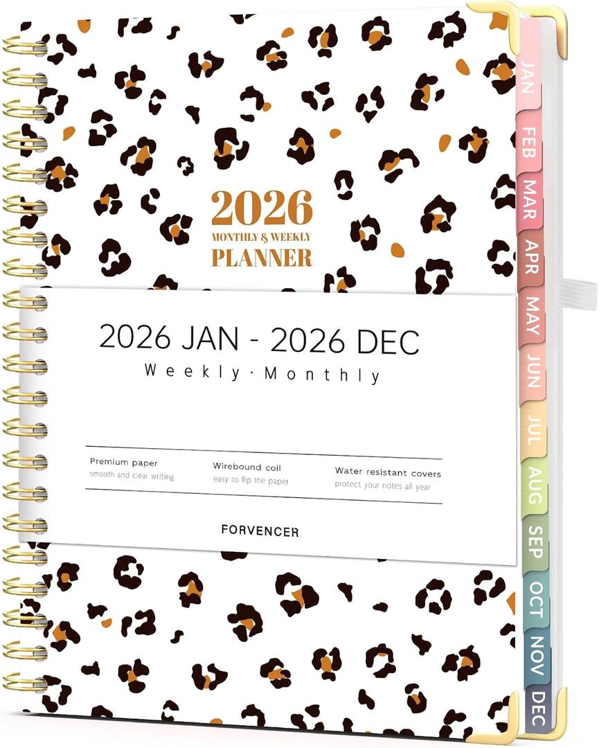 Forvencer 2026 Planner, Weekly and Monthly Calendar Planner for Women, Jan 2026 - Dec 2026, 8.5" x 11", Hardcover Planning Agenda book with Monthly Tabs, Spiral Bound, Inner Pocket, Cute Journal Organizer Notebook for Office School, A4 Size, Leopards