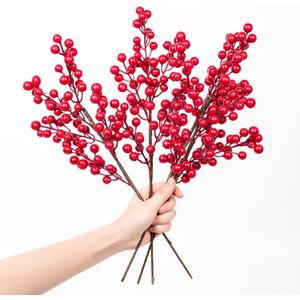 Lvydec 4 Pack Artificial Red Berry Stems - 17 Inch Christmas Holly Berry Branches for Holiday Home Decor and Crafts