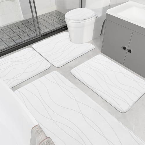 YIHOUSE Memory Foam Bathroom Rug Sets 5 Piece, Ultra Absorbent Bath Mat for Bathroom - Non-Slip Machine Washable & Dry Quickly, 5 Piece Bathroom Mat Set, White