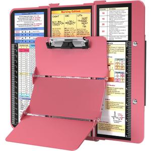 Nursing Clipboard Foldable, Foldable Clipboard w/Nursing Edition Cheat Charts,3 Layers Aluminum, Nurse Clip Board w/Low Profile Clip&Pen Clip Pocket for Students, Nurses and Doctors, Rose