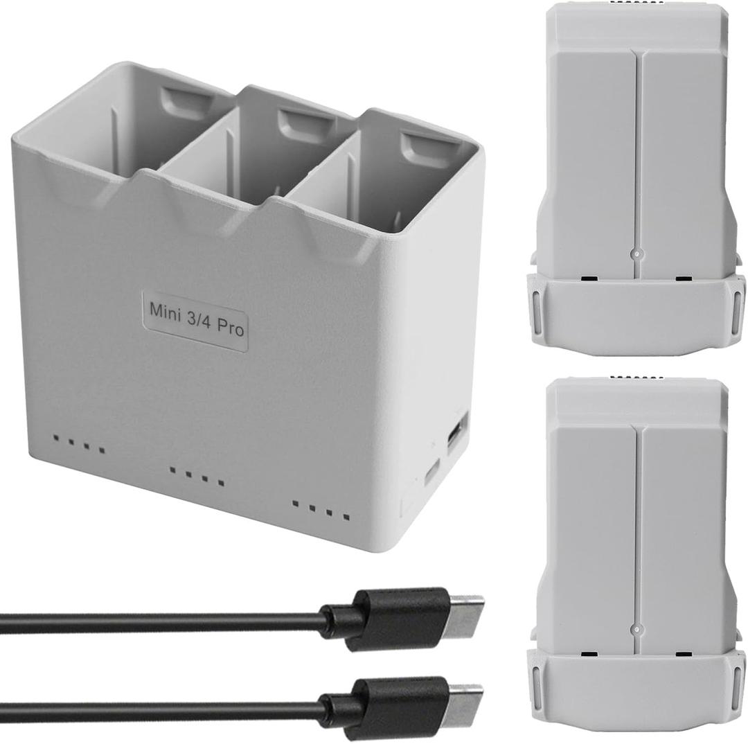 2 Pack Mini 4 Pro/Mini 3/3 Pro Battery & Charging Hub Fly More Bundle for DJI, 3850mAh-7.38V Max 45-51 Mins Flight, 30W Fast Two-Way Charging & Smart Safety【3-in-1 Charger + 2 Batteries】