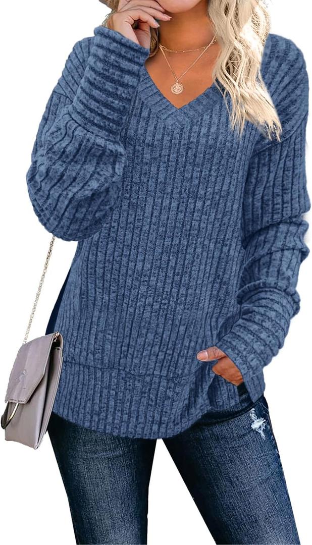 JomeDesign Womens Sweaters Long Sleeve V Neck Shirts Loose Casual Fashion Tops (Medium, Blue)