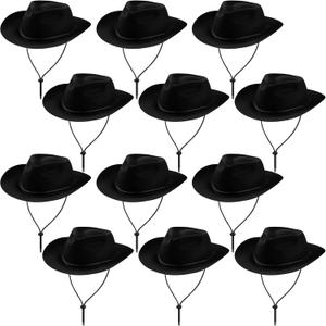 Hicarer 12 Pieces Western Cowboy Hat Set Plastic Felt Wide Brimmed Felt Cowgirl Party Hat for Men Women Costume Party (Black)