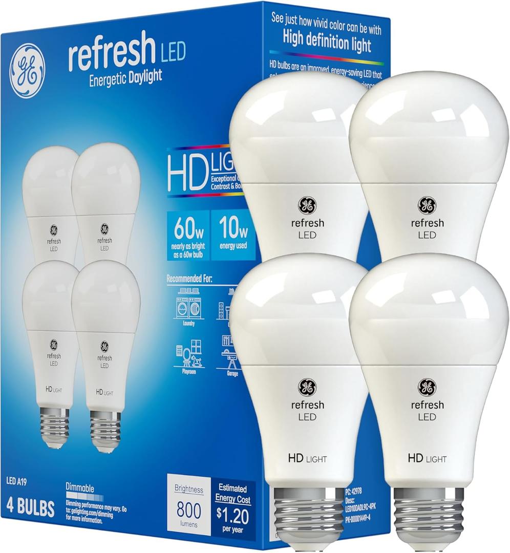 4 x GE Refresh LED Light Bulbs, 10 Watts (60 Watt Eqv) Daylight HD Light, A19 Standard Bulbs (4 Pack)
