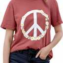 KevaMolly Women Peace Sign T-Shirt Flower Print Short Sleeve Casual Summer Tees Trendy Daisy Pattern Loose Fit Tshirt Tops Clay Red XXL