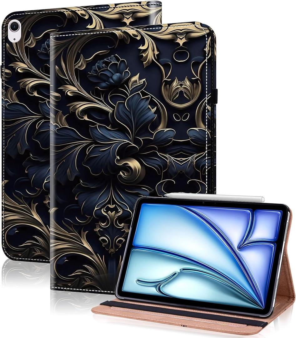 Compatible with iPad Air 11 Inch Case 8th/7th/6th Generation (M4/M3/M2) 2026/2025/2024, for iPad Air 5th/4th Generation Case 10.9 Inch 2022/2020 with Pencil Holder & Card Slots - Blue Flower