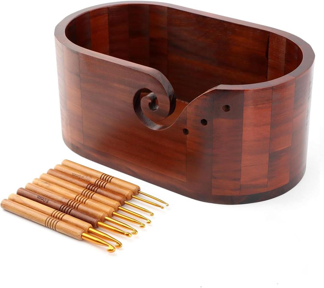 Oval Wooden Yarn Bowl, Knitting Yarn Bowl Holder with 9pcs Crochet Hooks, Large Yarn Storage Bowl for DIY Knitting & Crocheting Accessories Kit, Preventing tangles (11.3x4.7 inch)