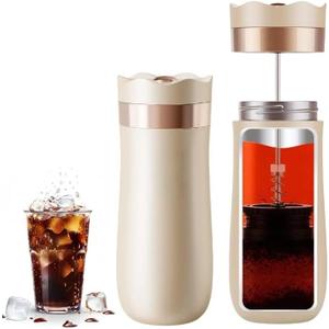 Travel French Press Coffee Maker 12oz Portable French Coffee Cup Double Walled Stainless Steel Vacuum Insulated Coffee Mug and Tea Maker Mini Vacuum Great for Camping and Traveling (champagne)