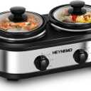 Double Slow Cooker, Buffet Servers and Warmers, Dual 2 Pot Slow Cooker Food Warmer, Adjustable Temp Dishwasher Safe Removable Ceramic Pot Glass Lid, 2 x 1.25 QT Portable Small Crock Cooker (Silver)