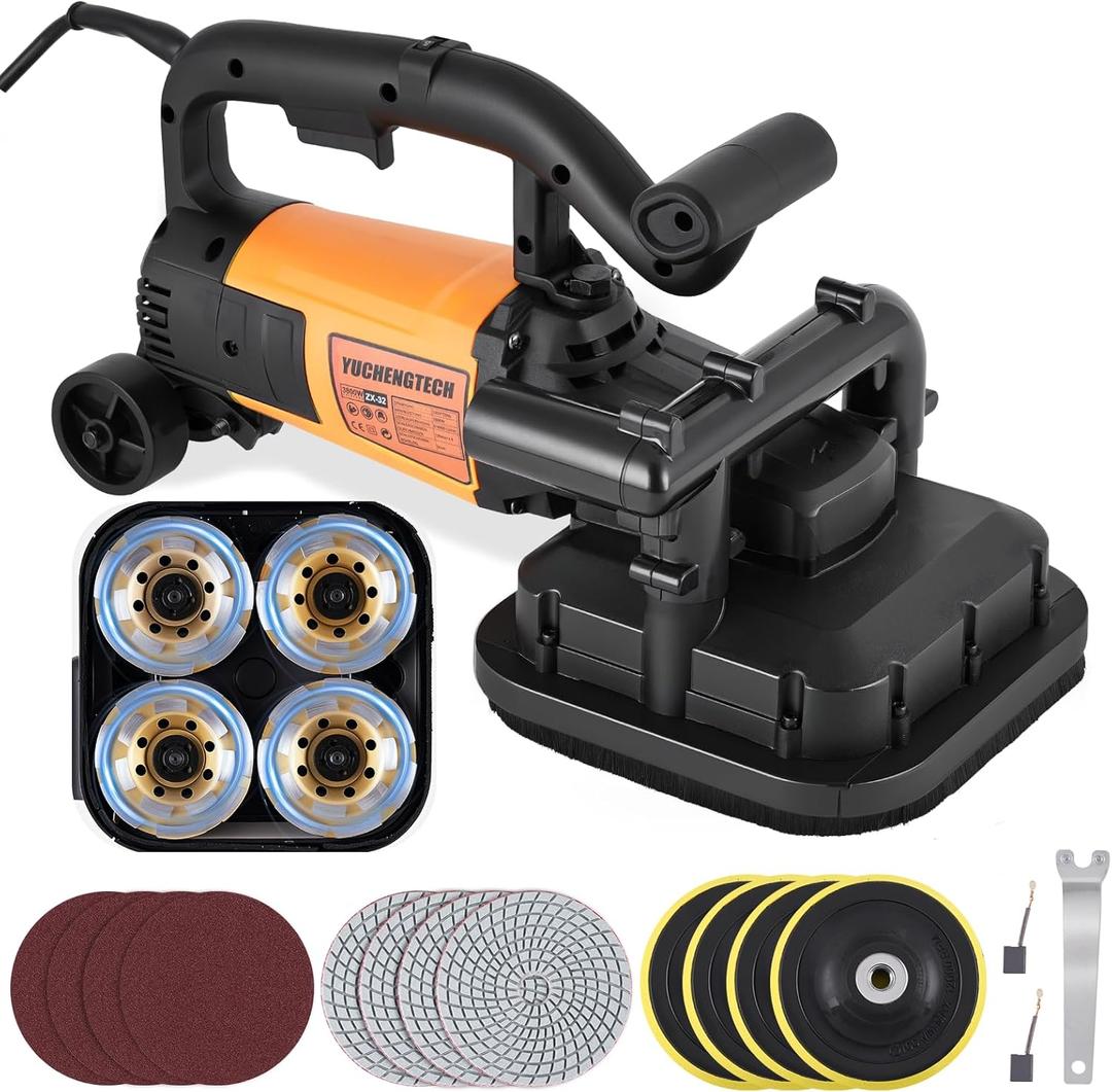 YUCHENGTECH 4-Head Concrete Grinder Set 4" Concrete Surface Grinder Floor Grinder 3800W 0-6000RPM Concrete Surface Planer with Dust Extraction Shroud for Grinding Concrete Cement Marble Granite