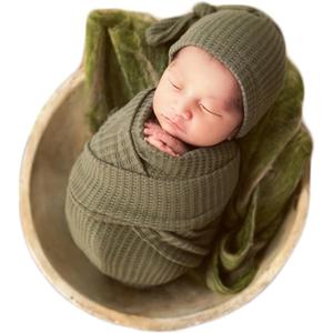 Zeroest Newborn Baby Photography Props Wrap Hat Newborn Wraps for Infant Boys Girls Photoshoot Photo Posing Stretch Blanket (General Green)