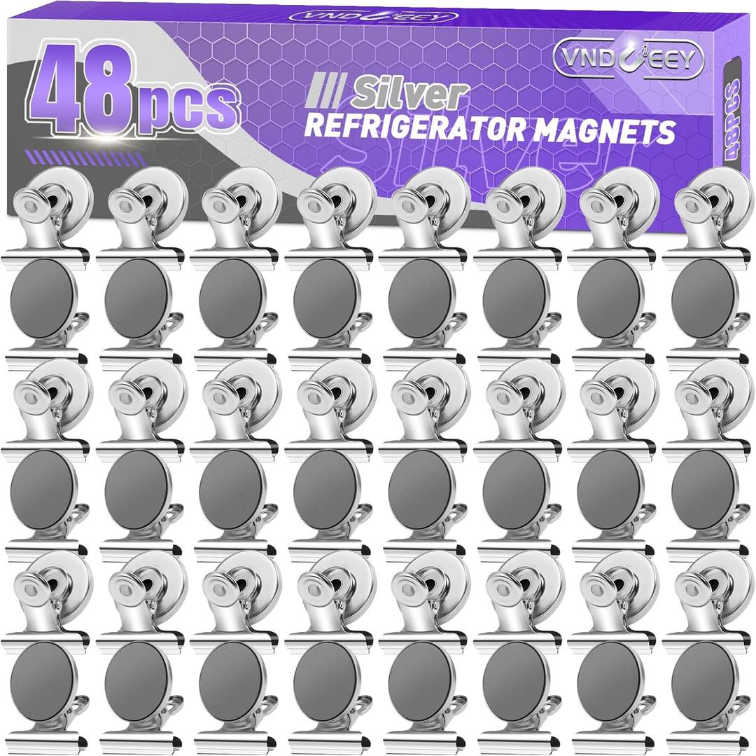 VNDUEEY Fridge Magnets Refrigerator Magnets, 48 Pack Strong Magnetic Clips Whiteboard Magnets for Hanging Photos, Heavy Duty Magnet Clips for Classroom, Locker and Office (Silver)
