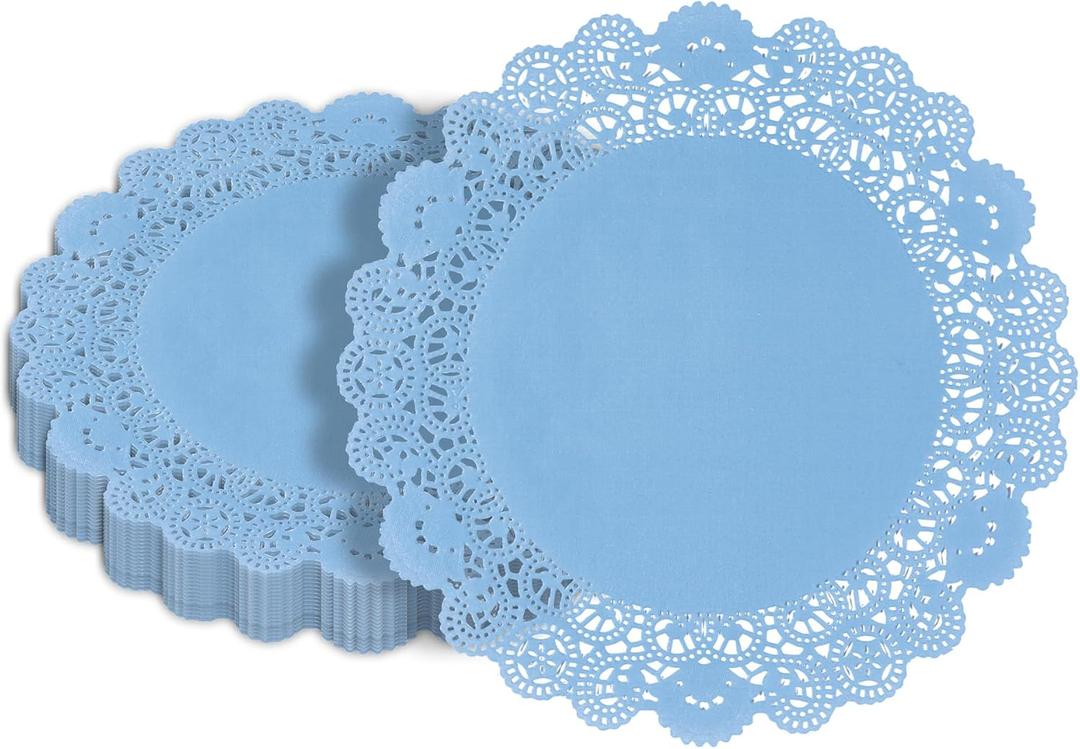 Pastry Tek 12 x 12 Inch Paper Lace Doilies, 100 Disposable Table Doilies - Elegant Lace Finish, Long Lasting, Sky Blue Paper Doily, for Pastries, Cupcakes, Desserts - Restaurant ware