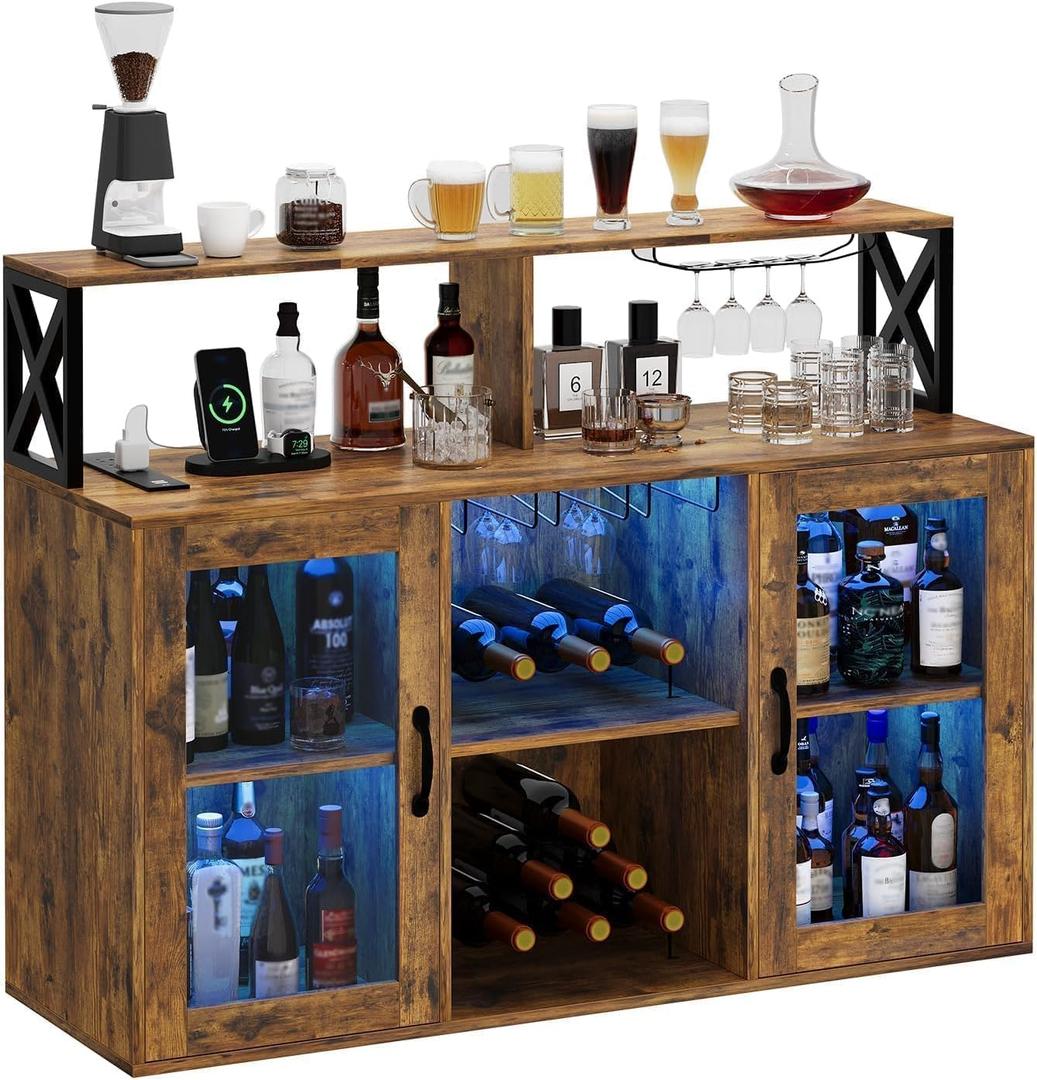 Wine Bar Cabinet with Wine Rack Glass Holder Kitchen Coffee Cabinet, Sideboard Freestanding Liquor Storage with LED Lights for Kitchen Living Room, Office,Dining Room (Brown)